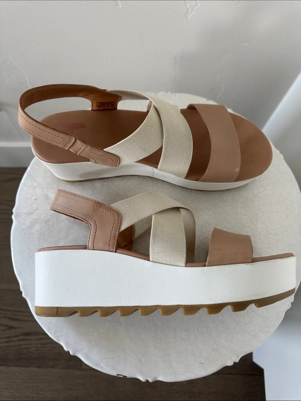 Sorel CAMERON Platform Slingback Honest Beige/Chalk Color Leather Textile Size 9